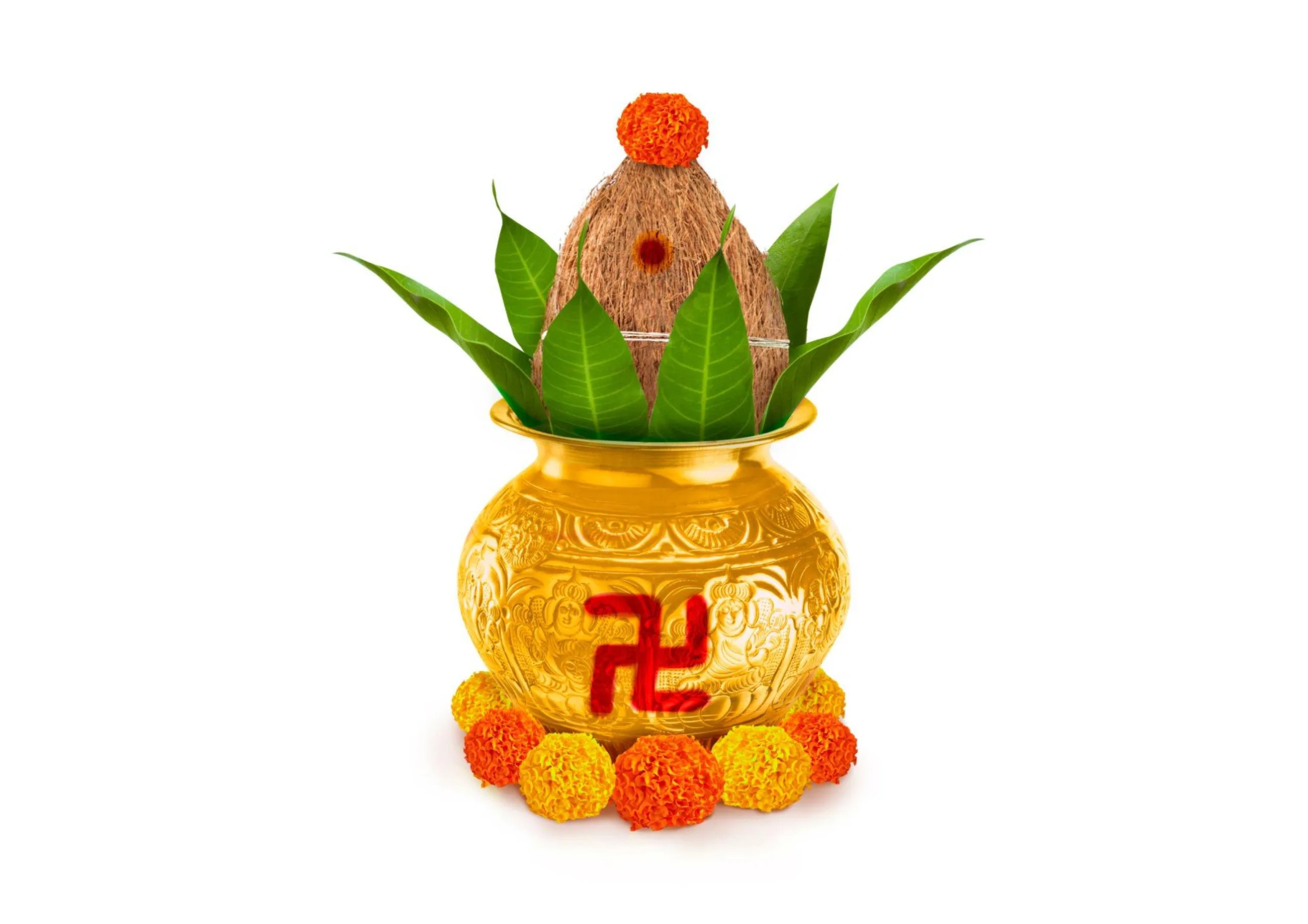 kalash with coconut and mango leaf with marigold flower decoration at the bottom for hindu puja for all hindu pooja occasions scaled