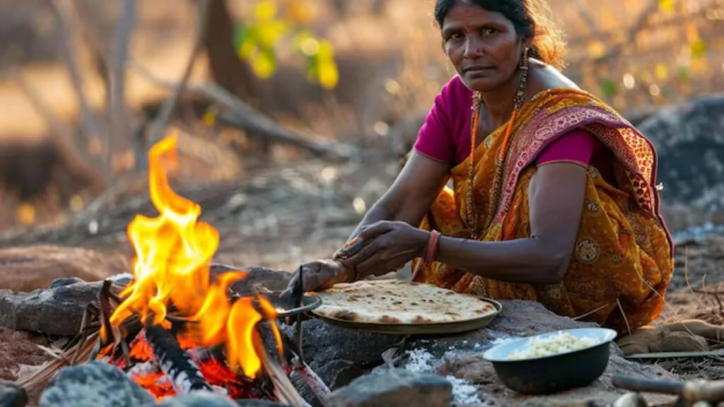 indian woman cooking traditional indian bread big cooking open fire