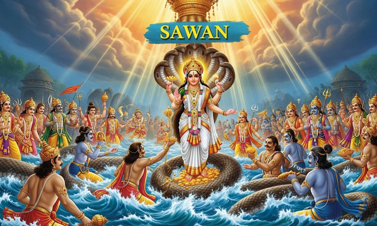 The idol of Maa Lakshmi and the conch came out from the churning of the ocean. Bringing Lakshmi home in the month of Sawan brings her here.