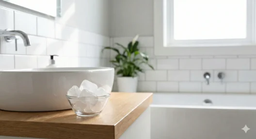 बाथरूम के सिंक के पास कटोरी में रखी फिटकरी, वास्तु दोष और नकारात्मक ऊर्जा दूर करने का उपाय।