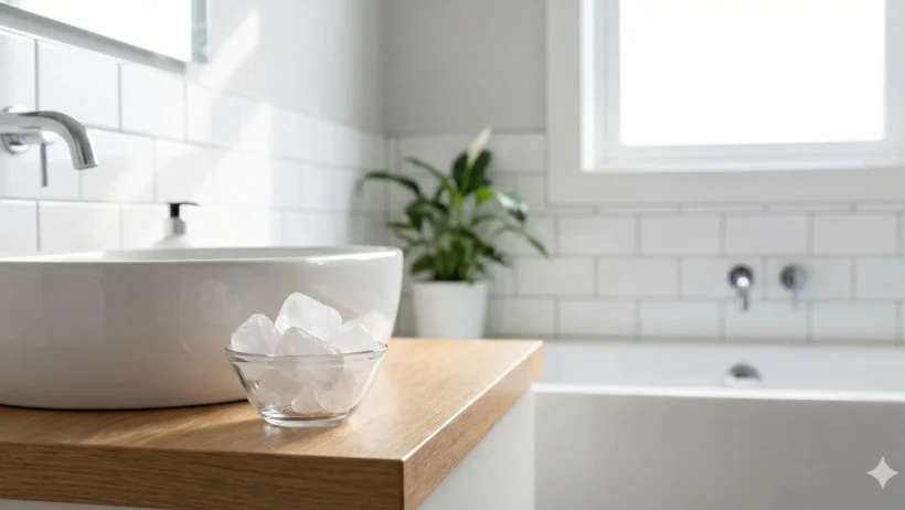 बाथरूम के सिंक के पास कटोरी में रखी फिटकरी, वास्तु दोष और नकारात्मक ऊर्जा दूर करने का उपाय।