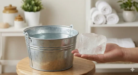 बाल्टी भर पानी के पास रखा फिटकरी (Alum) का टुकड़ा, शनि ग्रह और नकारात्मक ऊर्जा दूर करने का ज्योतिषीय उपाय।