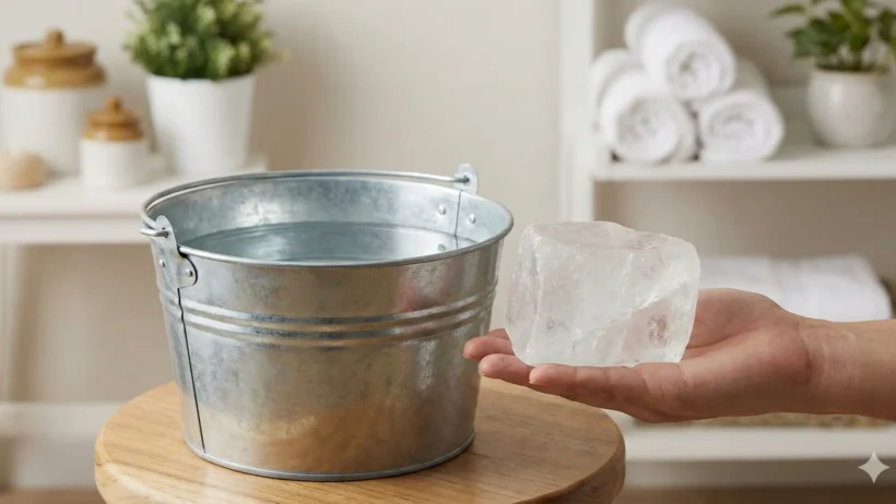 बाल्टी भर पानी के पास रखा फिटकरी (Alum) का टुकड़ा, शनि ग्रह और नकारात्मक ऊर्जा दूर करने का ज्योतिषीय उपाय।