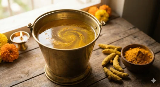 नहाने के पानी में हल्दी पाउडर, गुरु ग्रह उपाय और विवाह बाधा निवारण के लिए ज्योतिषीय टोटका।