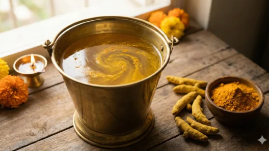 नहाने के पानी में हल्दी पाउडर, गुरु ग्रह उपाय और विवाह बाधा निवारण के लिए ज्योतिषीय टोटका।