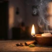 मिट्टी के दीये में जलता हुआ कपूर, लौंग, दालचीनी और इलायची, घर की शुद्धि और धन वर्षा के लिए ज्योतिषीय उपाय।