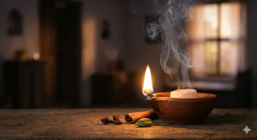 मिट्टी के दीये में जलता हुआ कपूर, लौंग, दालचीनी और इलायची, घर की शुद्धि और धन वर्षा के लिए ज्योतिषीय उपाय।
