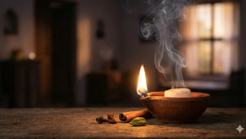 मिट्टी के दीये में जलता हुआ कपूर, लौंग, दालचीनी और इलायची, घर की शुद्धि और धन वर्षा के लिए ज्योतिषीय उपाय।