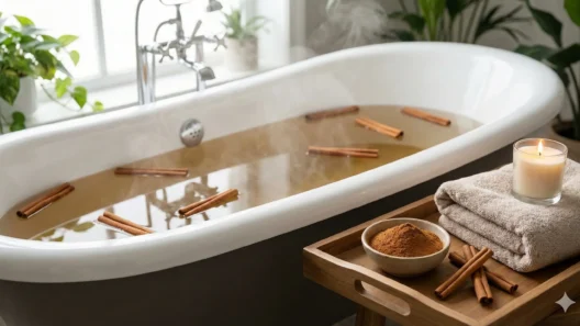 एक बाथटब या सुंदर बाल्टी में पानी भरा, जिसमें दालचीनी के कुछ साबुत टुकड़े (cinnamon sticks) तैर रहे