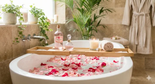 बाथटब में गुलाब की पंखुड़ियां और गुलाब जल, शुक्र ग्रह उपाय और आभा शुद्धि के लिए।