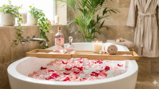 बाथटब में गुलाब की पंखुड़ियां और गुलाब जल, शुक्र ग्रह उपाय और आभा शुद्धि के लिए।