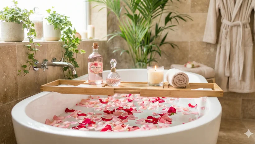 बाथटब में गुलाब की पंखुड़ियां और गुलाब जल, शुक्र ग्रह उपाय और आभा शुद्धि के लिए।
