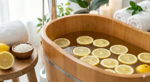 बाल्टी में पानी और नींबू के टुकड़े, नकारात्मक ऊर्जा हटाने के लिए आध्यात्मिक स्नान का उपाय।