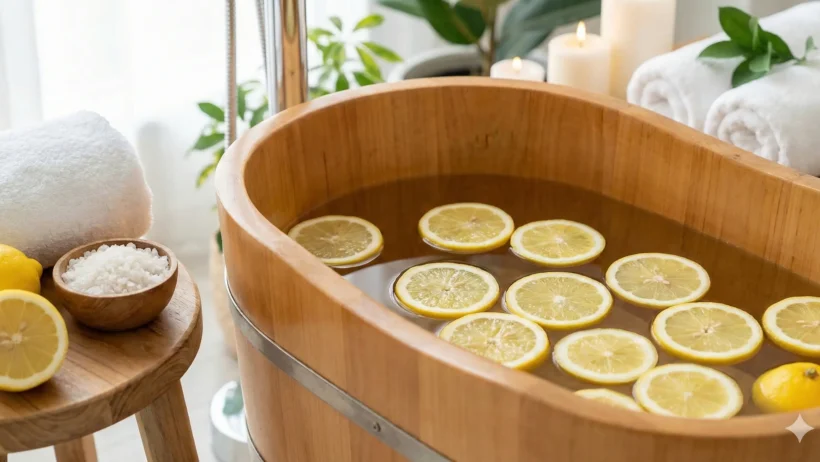 बाल्टी में पानी और नींबू के टुकड़े, नकारात्मक ऊर्जा हटाने के लिए आध्यात्मिक स्नान का उपाय।