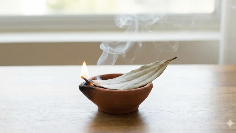 एक मिट्टी के दीये या बाउल में तेज पत्ता जलता हुआ
