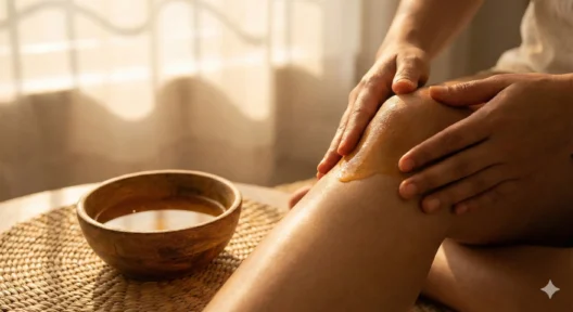 पैरों पर सरसों के तेल की मालिश करते हुए, शनि और मंगल ग्रह की शांति के लिए ज्योतिषीय उपाय।