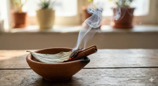 मिट्टी के दीये में एक साथ जलते हुए तेज पत्ता और दालचीनी, जिनसे धुआं निकल रहा है - ज्योतिषीय उपाय।