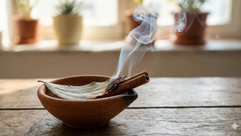 मिट्टी के दीये में एक साथ जलते हुए तेज पत्ता और दालचीनी, जिनसे धुआं निकल रहा है - ज्योतिषीय उपाय।