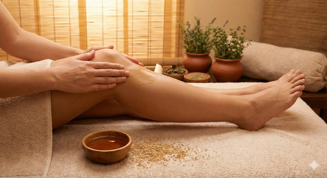 शनि ग्रह की शांति और वात दोष संतुलन के लिए पैरों पर तिल के तेल की मालिश करते हुए।