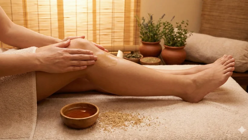शनि ग्रह की शांति और वात दोष संतुलन के लिए पैरों पर तिल के तेल की मालिश करते हुए।