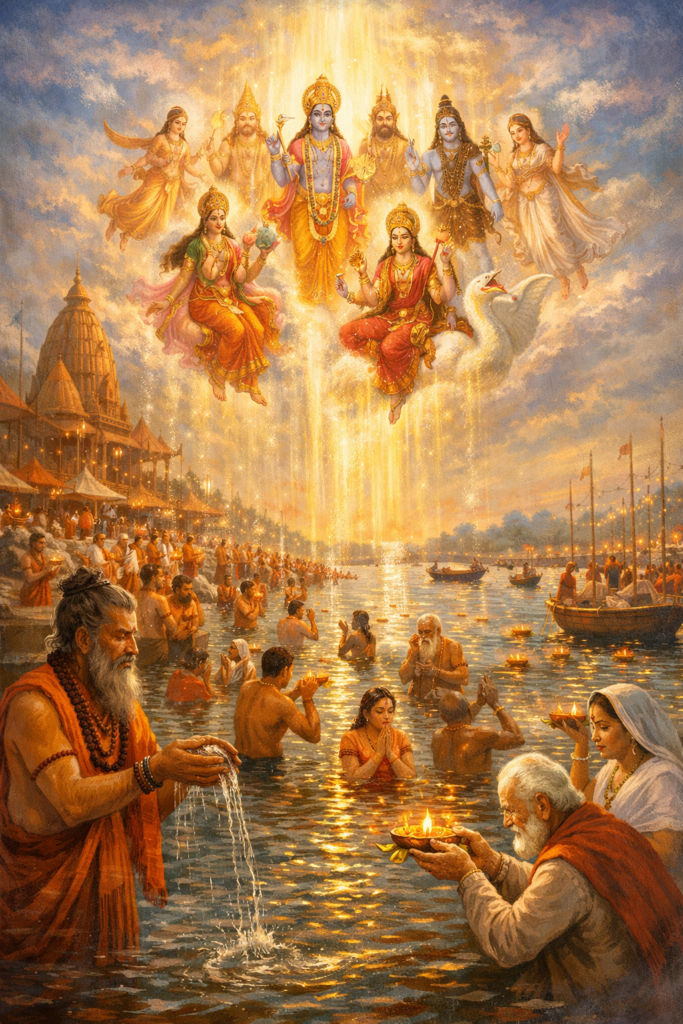 माघ पूर्णिमा पर पृथ्वी पर देवताओं के अवतरण और दिव्य ऊर्जा के प्रवाह का आध्यात्मिक चित्रण।