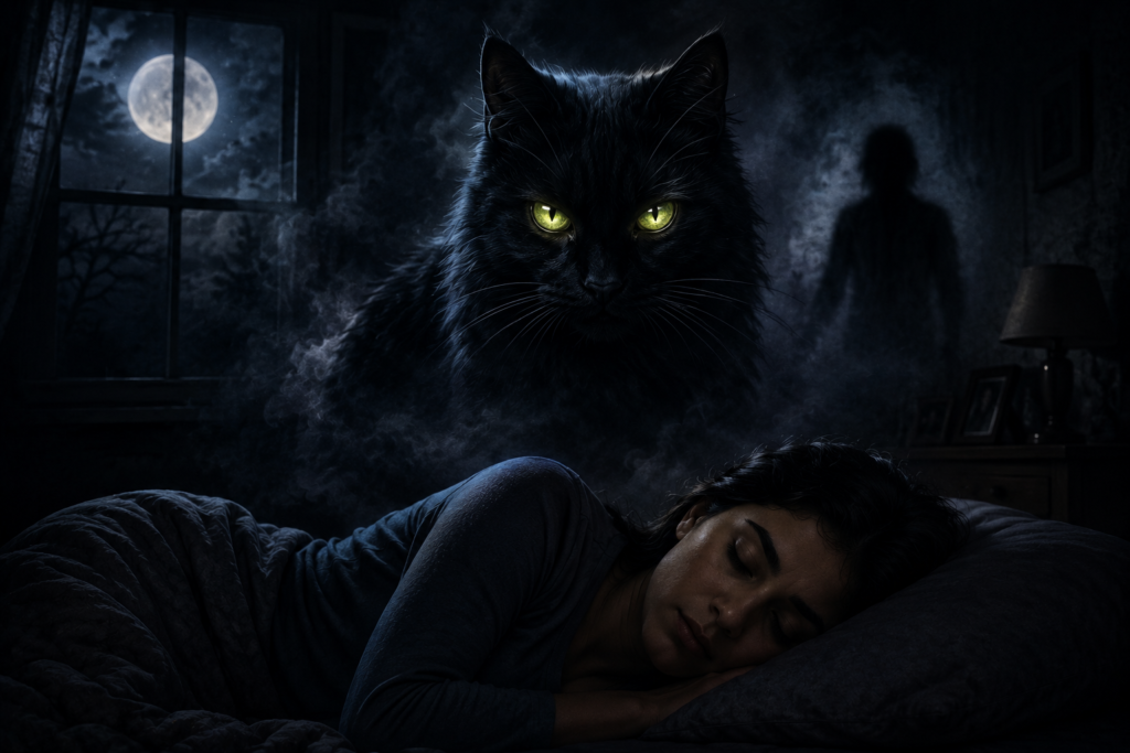 Kaali billi chamakti aankhon ke saath raat ke andhere mein soyi hui mahila ke paas dikh rahi hai, piche chandni aur rahasyamayi horror atmosphere.
