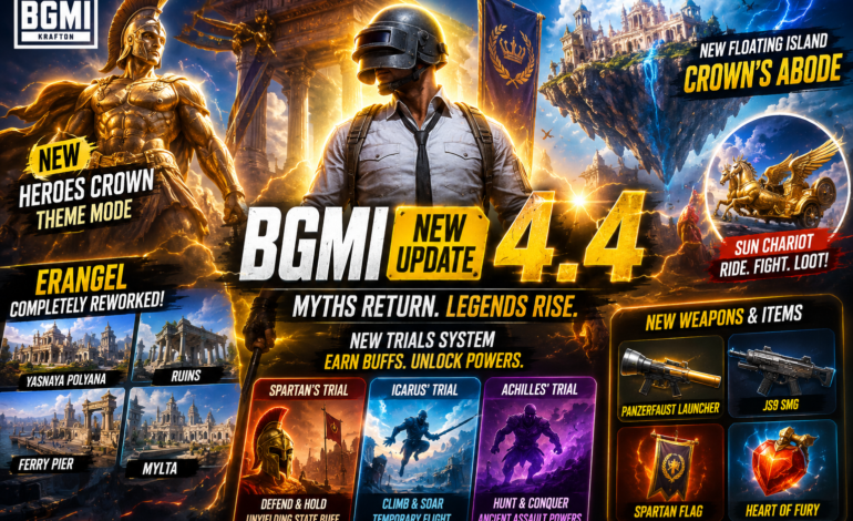 BGMI new update 4.4 glowing gaming thumbnail featuring Heroes Crown theme, floating island Crown’s Abode, mythological warriors, Erangel rework, Trials system, JS9 SMG, Panzerfaust launcher, and cinematic golden effects.