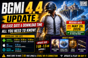 BGMI 4.4 update release date thumbnail featuring glowing golden effects, PUBG-style soldier, floating island Crown’s Abode, Heroes Crown theme, Android and iOS download timings, APK schedule, and BGMI May 20, 2026 update announcement.
