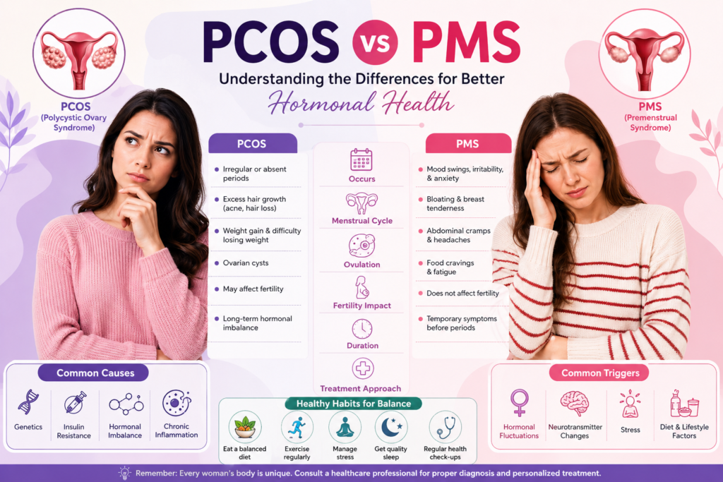 PCOS vs PMS infographic comparing Polycystic Ovary Syndrome and Premenstrual Syndrome. The image features two women illustrating common symptoms, reproductive system diagrams, side-by-side symptom comparisons, causes, fertility impact, menstrual cycle differences, treatment approaches, and healthy lifestyle recommendations. Educational women's health graphic covering hormonal imbalance, irregular periods, mood swings, insulin resistance, ovarian cysts, fertility concerns, stress management, nutrition, exercise, and overall hormonal health awareness.