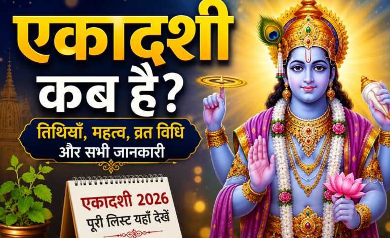 एकादशी 2026 की जानकारी दर्शाने वाला धार्मिक पोस्टर, जिसमें भगवान विष्णु की सुंदर छवि, “एकादशी कब है?” शीर्षक, तिथियाँ, महत्व, व्रत विधि, तुलसी का पौधा और 2026 एकादशी कैलेंडर दिखाया गया है।