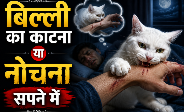 रात के समय सफेद बिल्ली किसी व्यक्ति के हाथ को काटते और नोचते हुए दिखाई दे रही है, बड़े हिंदी शीर्षक के साथ चेतावनी और सपनों के संकेत दर्शाता हुआ डरावना थंबनेल।