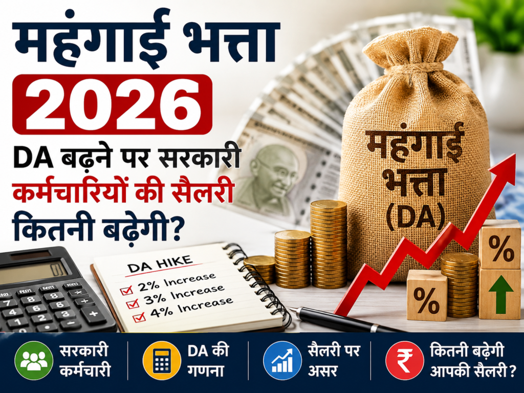 महंगाई भत्ता 2026 पर ब्लॉग थंबनेल, जिसमें सरकारी कर्मचारियों की सैलरी, DA बढ़ोतरी, रुपये, सिक्के, कैलकुलेटर और बढ़ता हुआ ग्राफ दिखाया गया है।