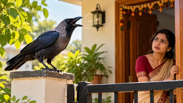 A crow cawing on a stone pillar near an Indian home's entrance while a concerned woman watches, illustrating traditional beliefs about whether a crow cawing near the house is a good or bad omen.