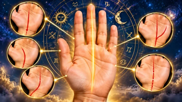 Bhagya Rekha in palmistry showing the fate line on a palm and its traditional interpretations based on where the line begins.