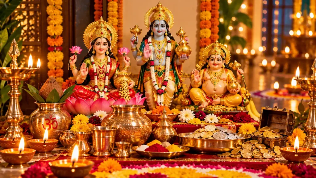 Dhanteras 2026 puja setup with Goddess Lakshmi, Lord Dhanvantari, brass utensils, flowers, and glowing diyas.