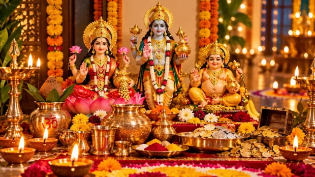 Dhanteras 2026 puja setup with Goddess Lakshmi, Lord Dhanvantari, brass utensils, flowers, and glowing diyas.
