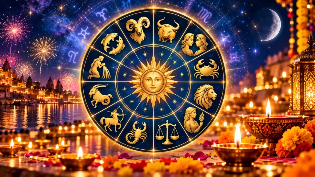 November 2026 monthly horoscope featuring a golden zodiac wheel with all twelve zodiac signs, a glowing celestial sky, Diwali diyas, marigold decorations, fireworks, and illuminated Indian temples.