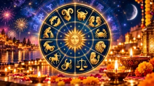 November 2026 monthly horoscope featuring a golden zodiac wheel with all twelve zodiac signs, a glowing celestial sky, Diwali diyas, marigold decorations, fireworks, and illuminated Indian temples.
