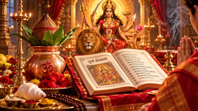 Durga Saptashati Path Vidhi with Goddess Durga, sacred kalash, open scripture, diya, incense, and पूजा samagri arranged on a traditional Hindu altar.