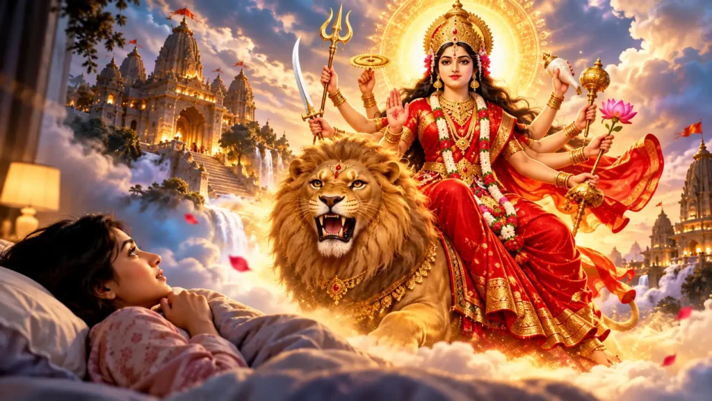 Goddess Durga riding a lion in a divine dream, wearing red and gold attire with a radiant halo, surrounded by glowing temples and a woman dreaming of the goddess.