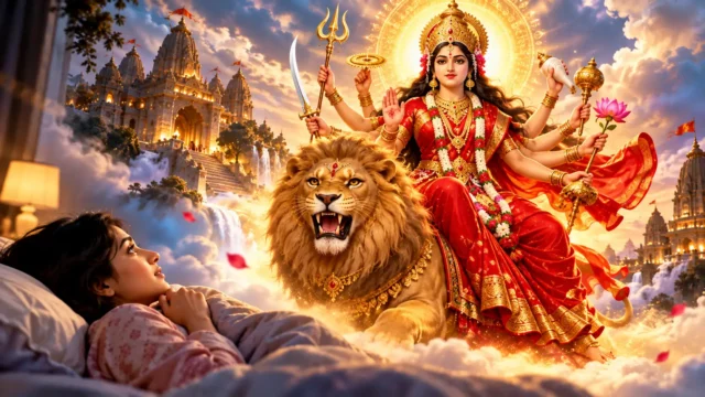 Goddess Durga riding a lion in a divine dream, wearing red and gold attire with a radiant halo, surrounded by glowing temples and a woman dreaming of the goddess.
