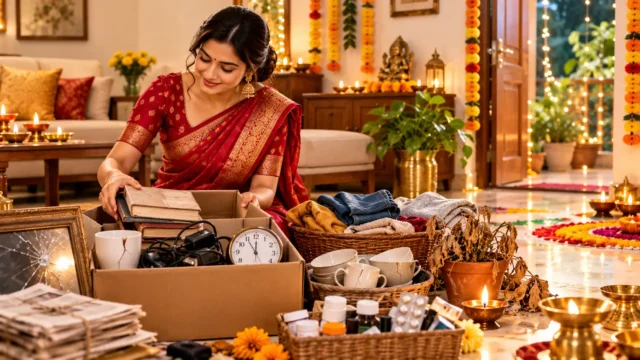 Diwali cleaning Vastu tips showing an Indian woman organizing old household items, books, broken utensils, and dried plants in a festive home decorated with diyas and marigold garlands.