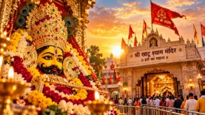 Khatu Shyam Ji idol adorned with a jeweled crown and flower garlands beside the beautifully illuminated Khatu Shyam Temple in Rajasthan, with saffron flags and devotees gathered for darshan at sunset.