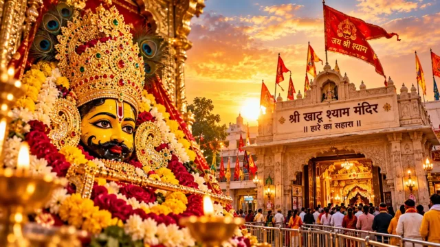 Khatu Shyam Ji idol adorned with a jeweled crown and flower garlands beside the beautifully illuminated Khatu Shyam Temple in Rajasthan, with saffron flags and devotees gathered for darshan at sunset.