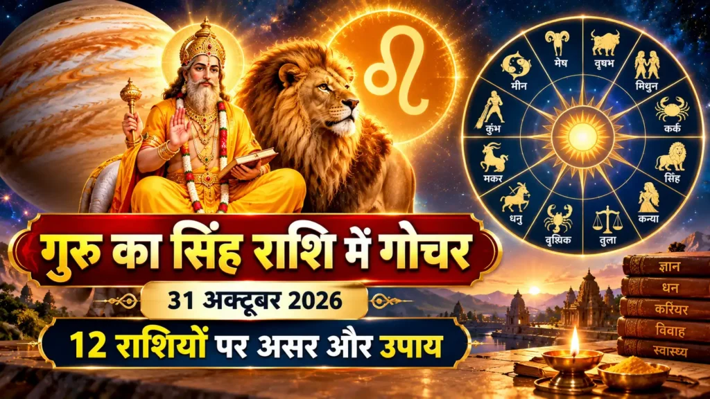 Jupiter transit into Leo in 2026, featuring Guru Brihaspati, the Leo zodiac symbol, and all twelve zodiac signs representing astrological predictions and traditional remedies.