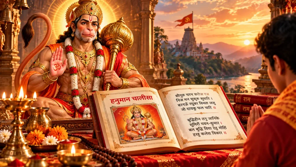 Lord Hanuman blessing a devotee beside an open Hanuman Chalisa scripture, with prayer offerings, glowing diyas, temple bells, and a serene sunset temple background.
