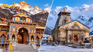 Badrinath and Kedarnath temples surrounded by snow-covered Himalayan mountains, representing the 2026 temple closing dates and winter pilgrimage season in Uttarakhand.
