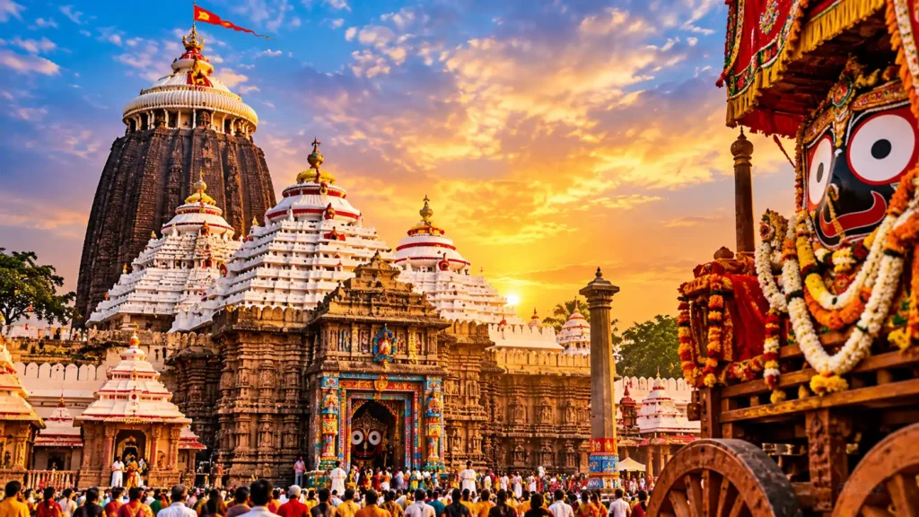 Jagannath Temple in Puri, Odisha, glowing under a vibrant sunset sky, with devotees gathered near the temple entrance and a beautifully decorated Lord Jagannath chariot in the foreground.