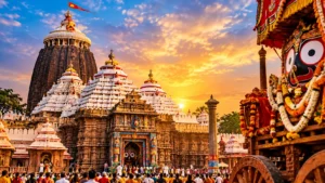 Jagannath Temple in Puri, Odisha, glowing under a vibrant sunset sky, with devotees gathered near the temple entrance and a beautifully decorated Lord Jagannath chariot in the foreground.