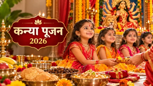 Kanya Pujan 2026 celebration with young girls in traditional Indian attire, Goddess Durga idol, and festive puja offerings